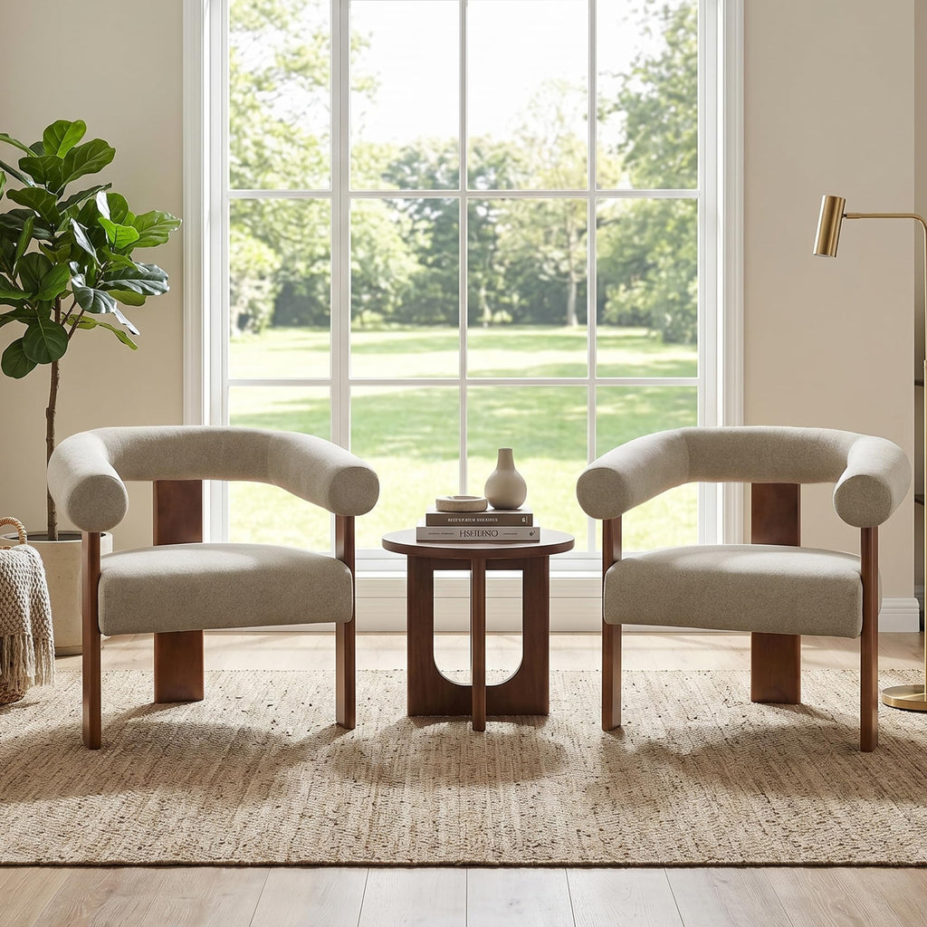 Usaint Upholstered Barrel Accent Chair with Walnut Wood Legs and Armrests