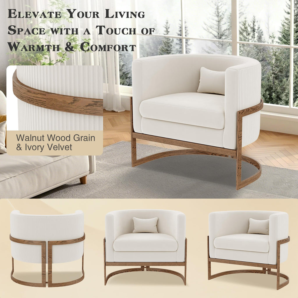 Velvet Accent Chair Ivory Modern Barrel Chair with Gold Legs