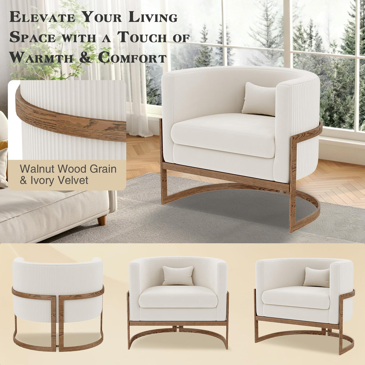 Velvet Accent Chair Ivory Modern Barrel Chair with Gold Legs