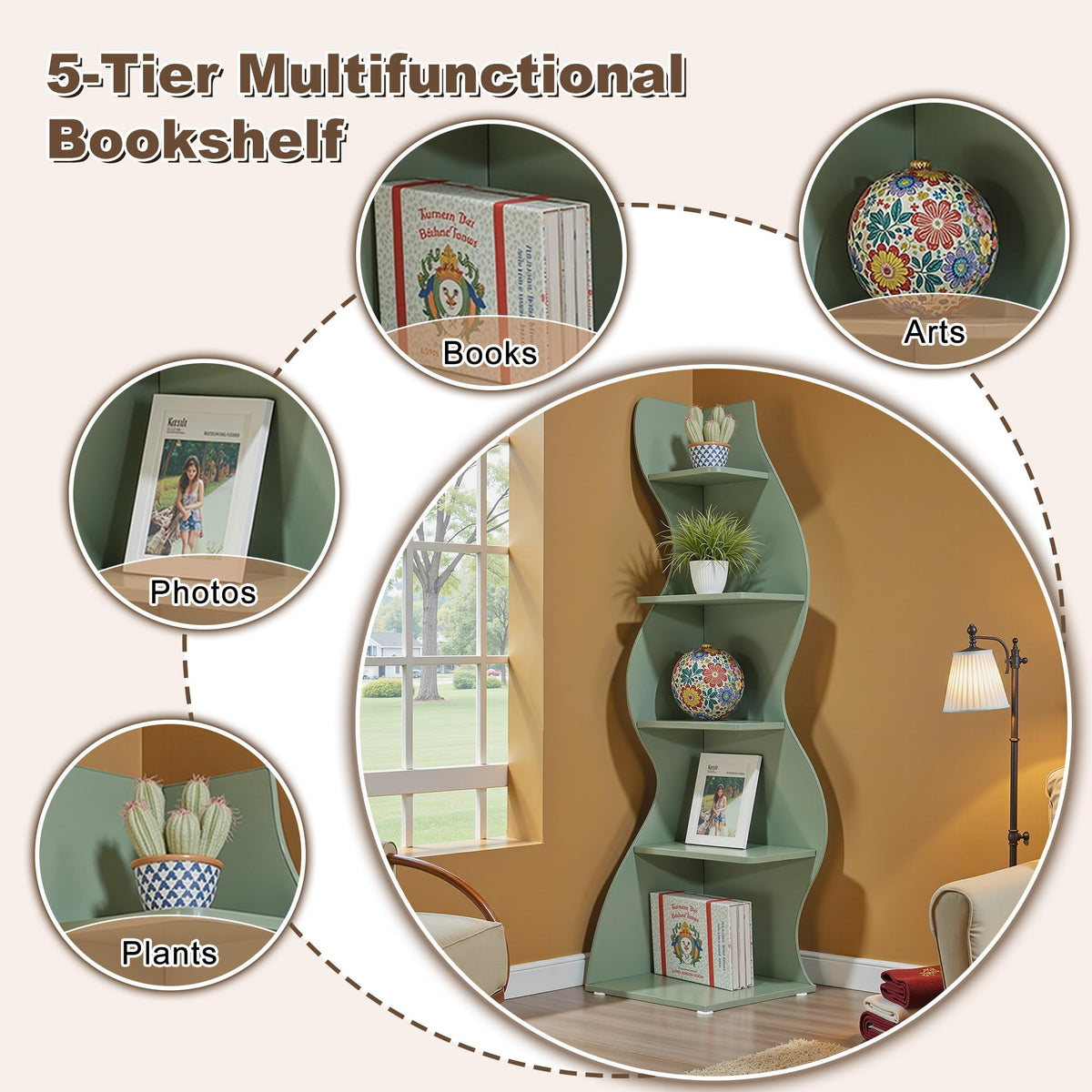 Bookcase Freestanding 71.3" Modern Book Case Display Shelf Tall Bookshelf with S-Shaped Pattern for Bedroom, Home Office, and Living Room, Black