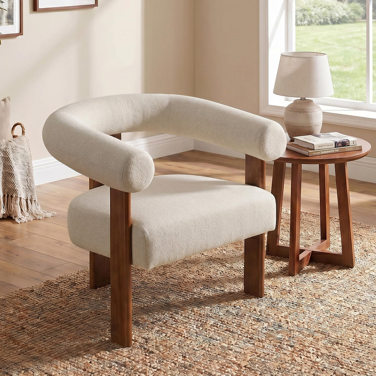 Usaint Upholstered Barrel Accent Chair with Walnut Wood Legs and Armrests