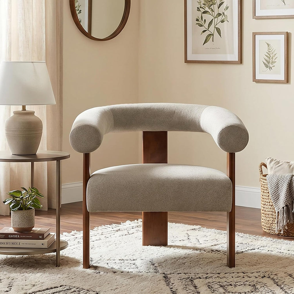 Usaint Upholstered Barrel Accent Chair with Walnut Wood Legs and Armrests