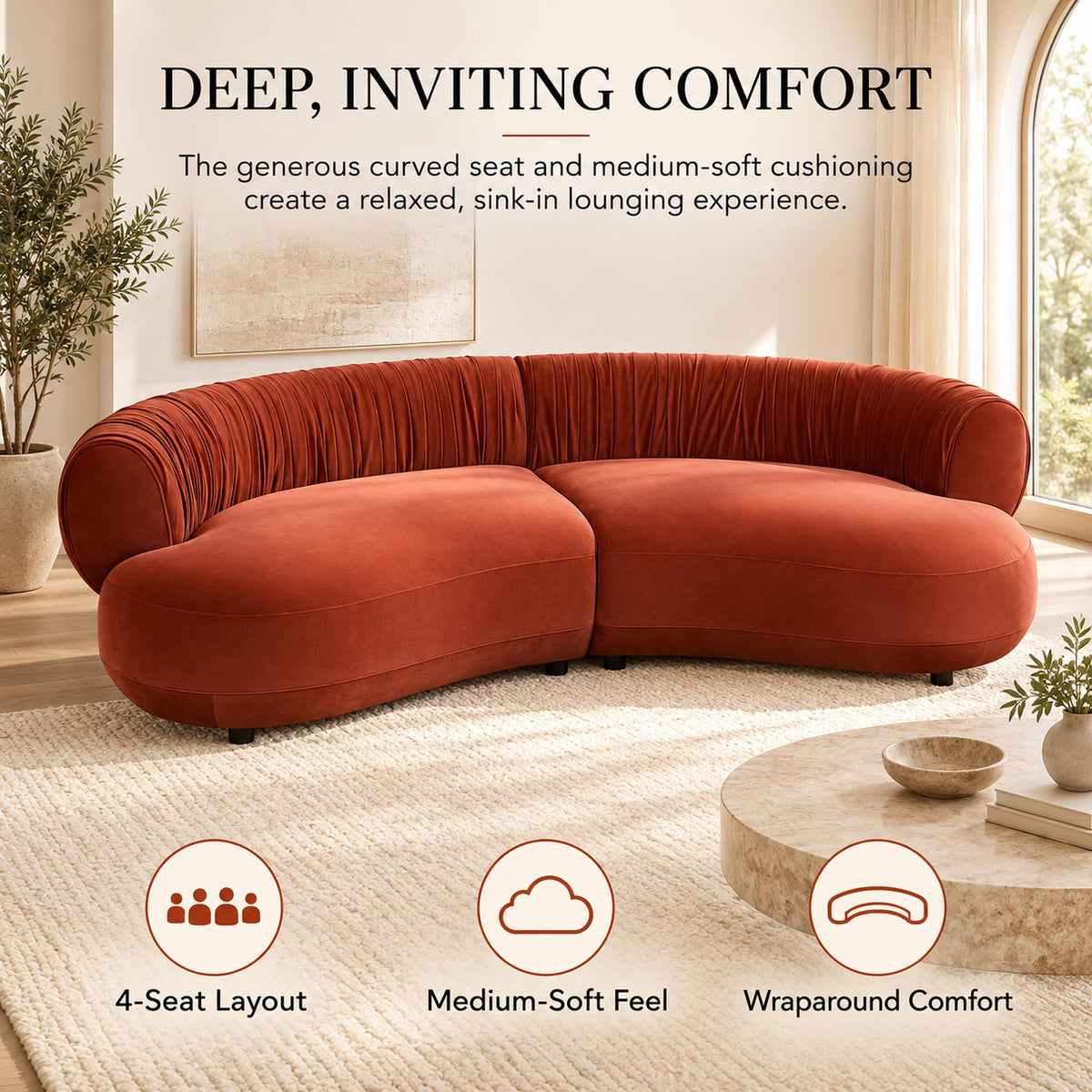 102.36" Curved Sectional Sofa, Gray Velvet 4-Seat Couch