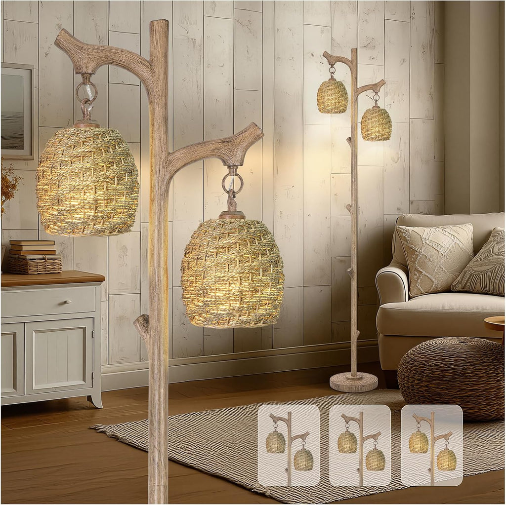 Scenekoy Vintage 68” Tall Resin Floor Lamp with Straw Rope Woven Shade