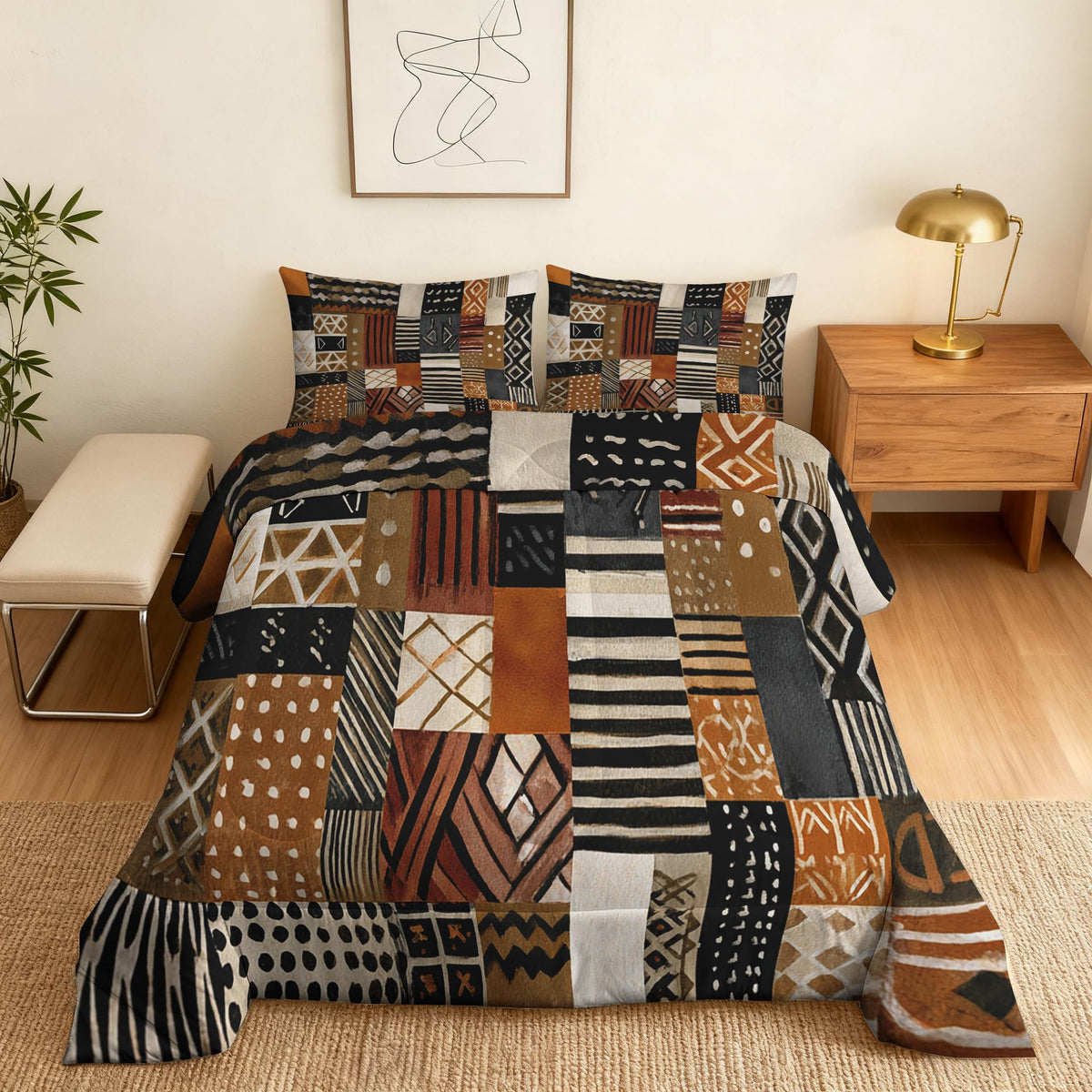 Patchwork Geometric Queen Size Comforter Sets 3 Piece