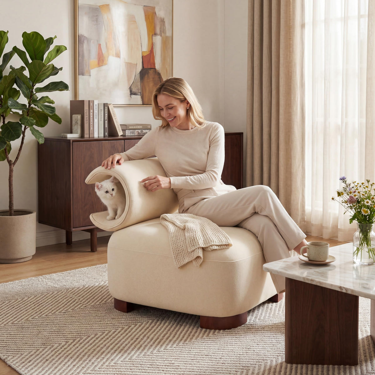 Merax Modern Accent Chair with Pet Cave & Storage