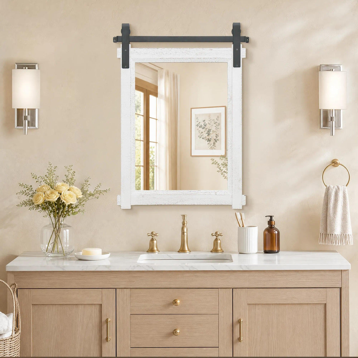 Rustic Barn-Door Bathroom Vanity Mirror