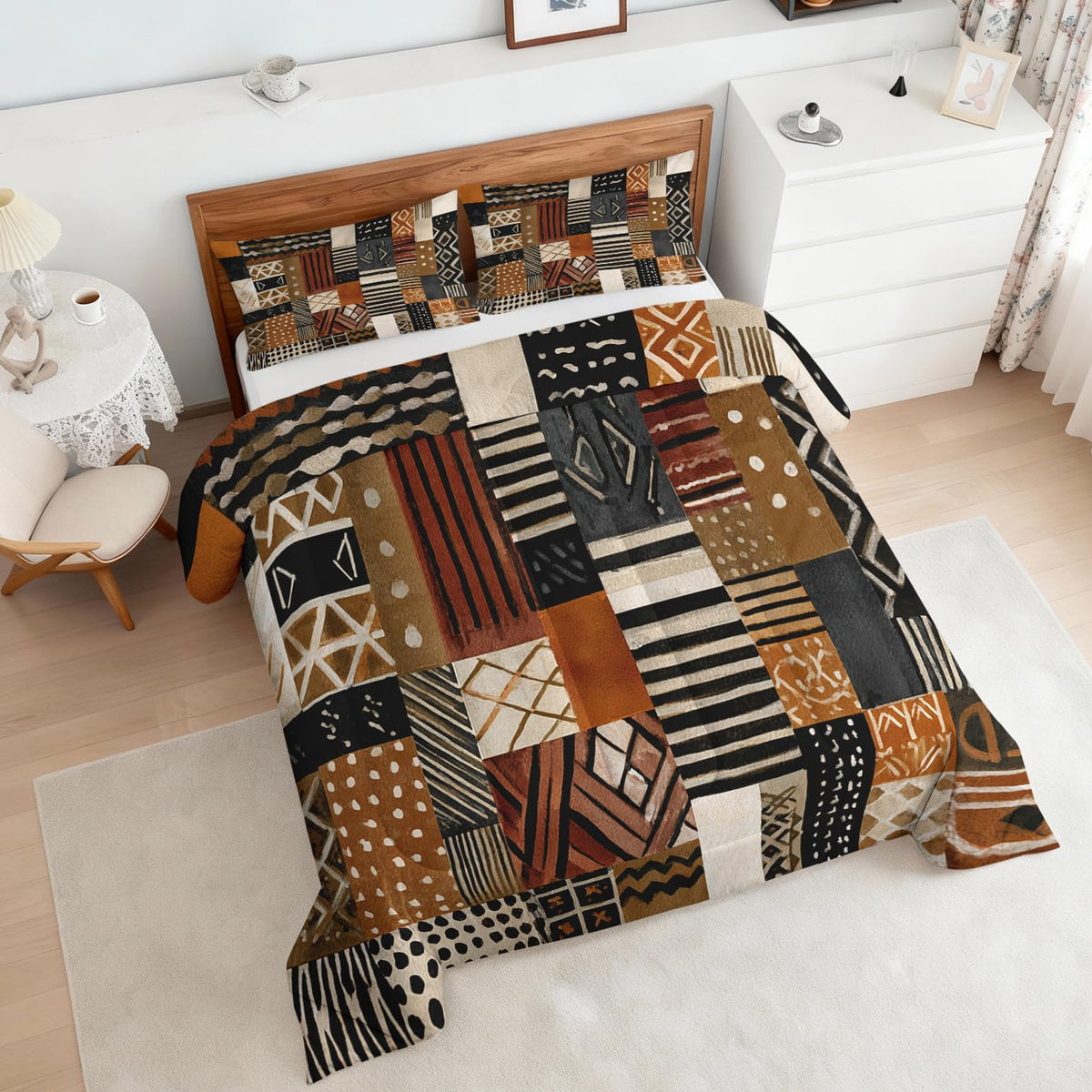 Patchwork Geometric Queen Size Comforter Sets 3 Piece