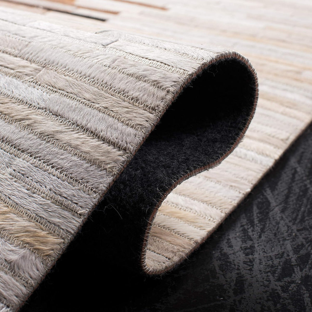 Beige Cowhide Patchwork Rug – Handmade Linear Leather Area Rug – Modern