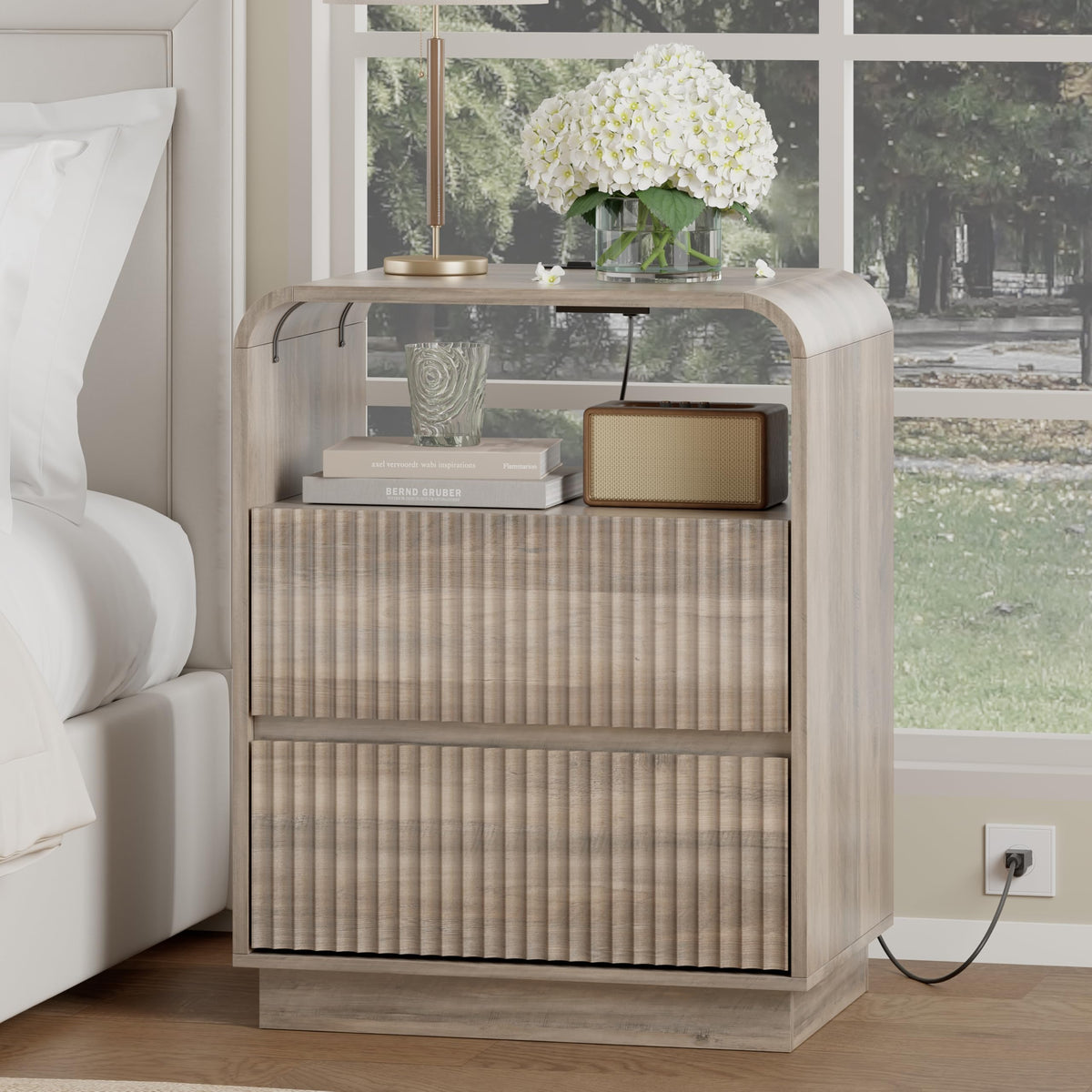 Fluted Nightstands with Charging Station, Set of 2