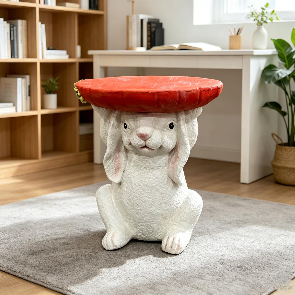 13.4" Cute Pig Side Table w/ Watermelon Top, Resin Plant Stand, Pink+Red