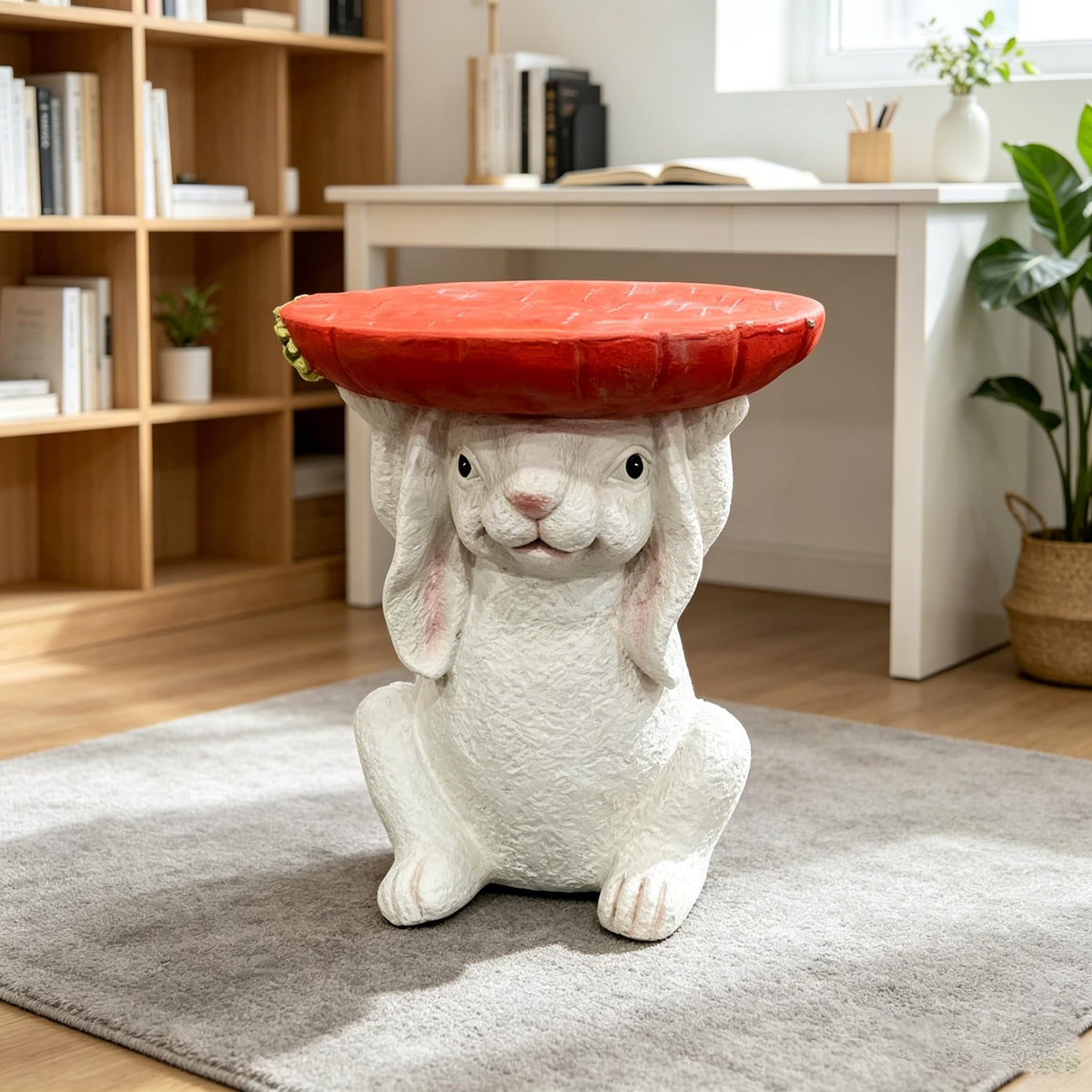 13.4" Cute Pig Side Table w/ Watermelon Top, Resin Plant Stand, Pink+Red