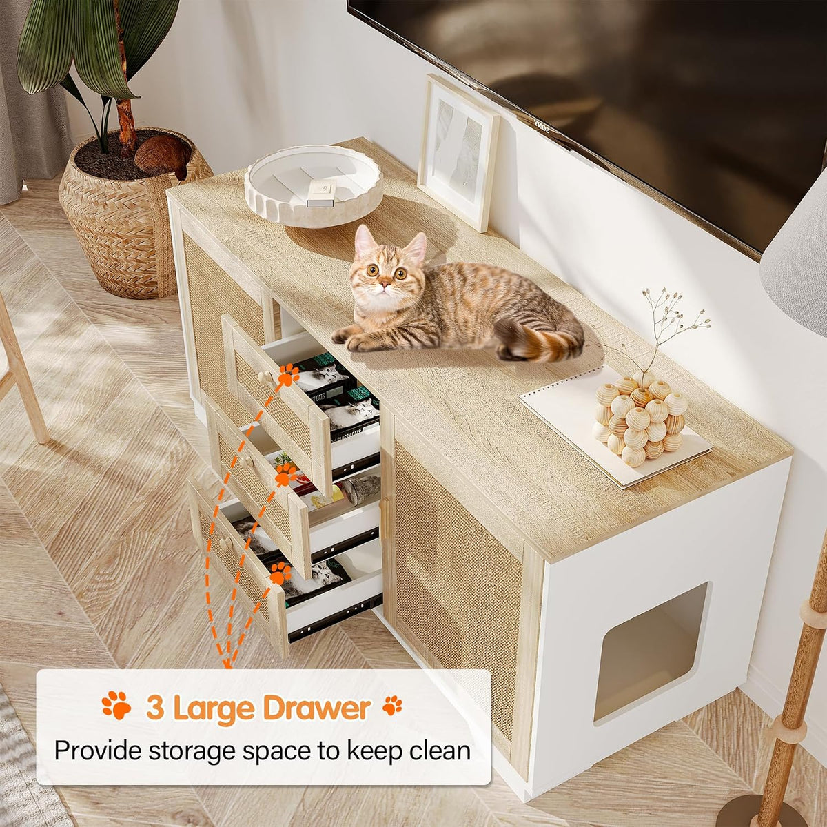 Cat Litter Box Enclosure Furniture Hidden Indoor 2-in-1 Wooden Cat & Washroom Cabinet with Scratching Board Doors and 3 Drawer for 2 Cats, 55"x20"x24"H