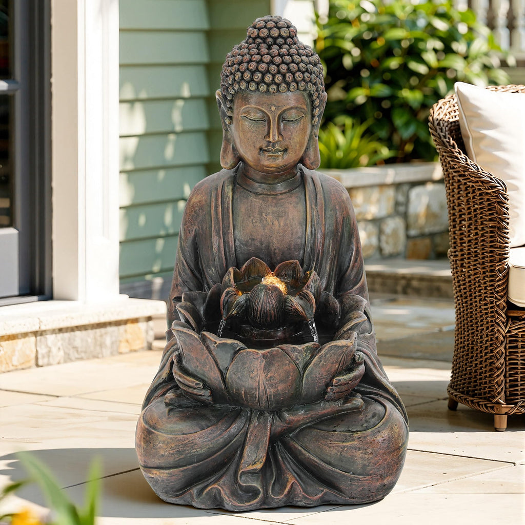 23" H Tiki Statue Outdoor Water Fountain with LED Lights