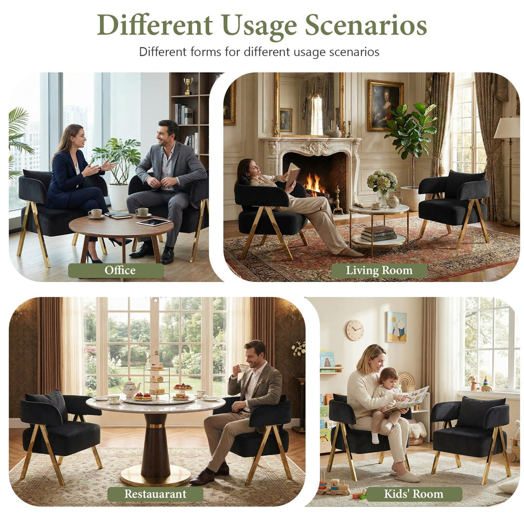 Modern Black Gold Velvet Accent Chairs Set 2, Barrel Armchairs Living Room