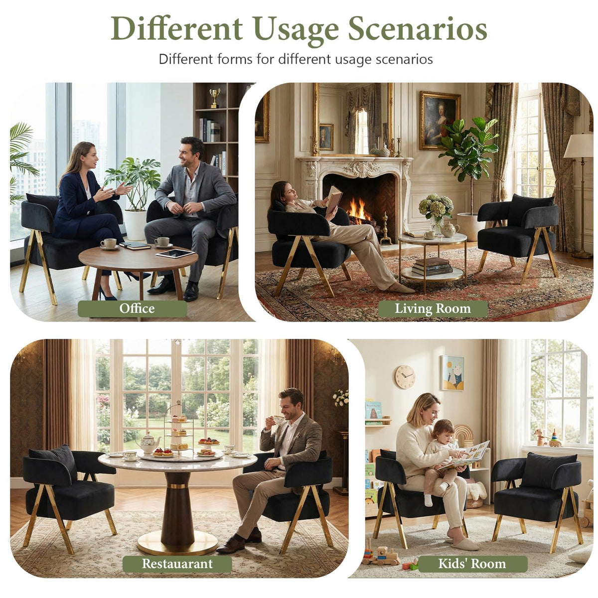 Modern Black Gold Velvet Accent Chairs Set 2, Barrel Armchairs Living Room