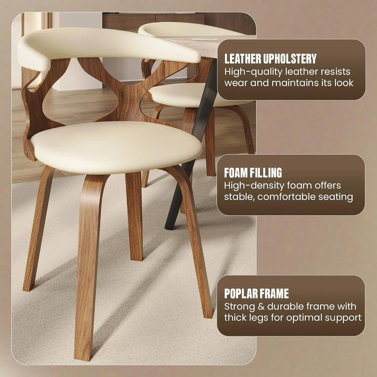 LeisureMod Klyne Leather Dining Chair with Poplar Wood Frame – Mid-Century Wooden