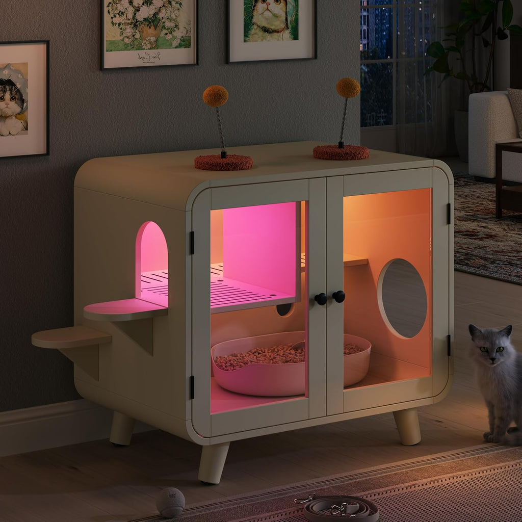 Cat Hidden Litter Box Enclosure with RGB LED Light, TV-Style Cat Litter Box Furniture Cabinet with Glass Doors, Side Stairs, Litter Leak Walkway & Pom-Pom Toys, Cat House Washroom, Beige