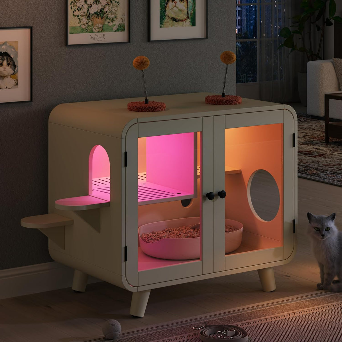 Cat Hidden Litter Box Enclosure with RGB LED Light, TV-Style Cat Litter Box Furniture Cabinet with Glass Doors, Side Stairs, Litter Leak Walkway & Pom-Pom Toys, Cat House Washroom, Beige