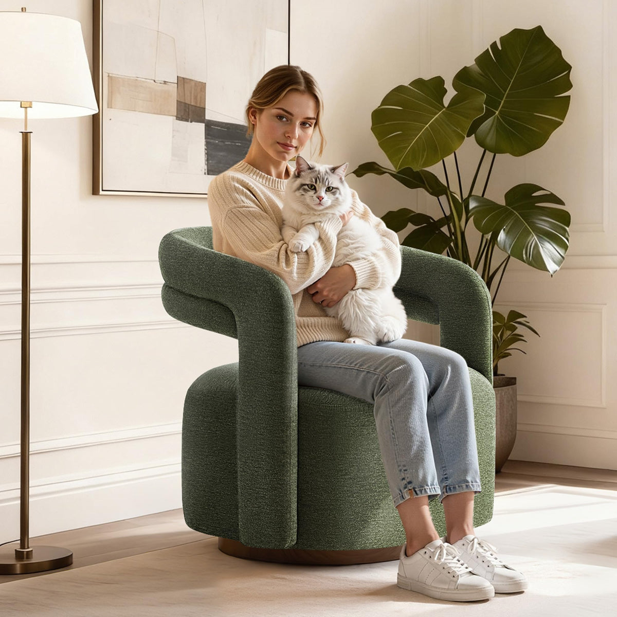 KISLOT, Swivel Accent Chair, Modern Arm Chair with Wooden Base, Cream