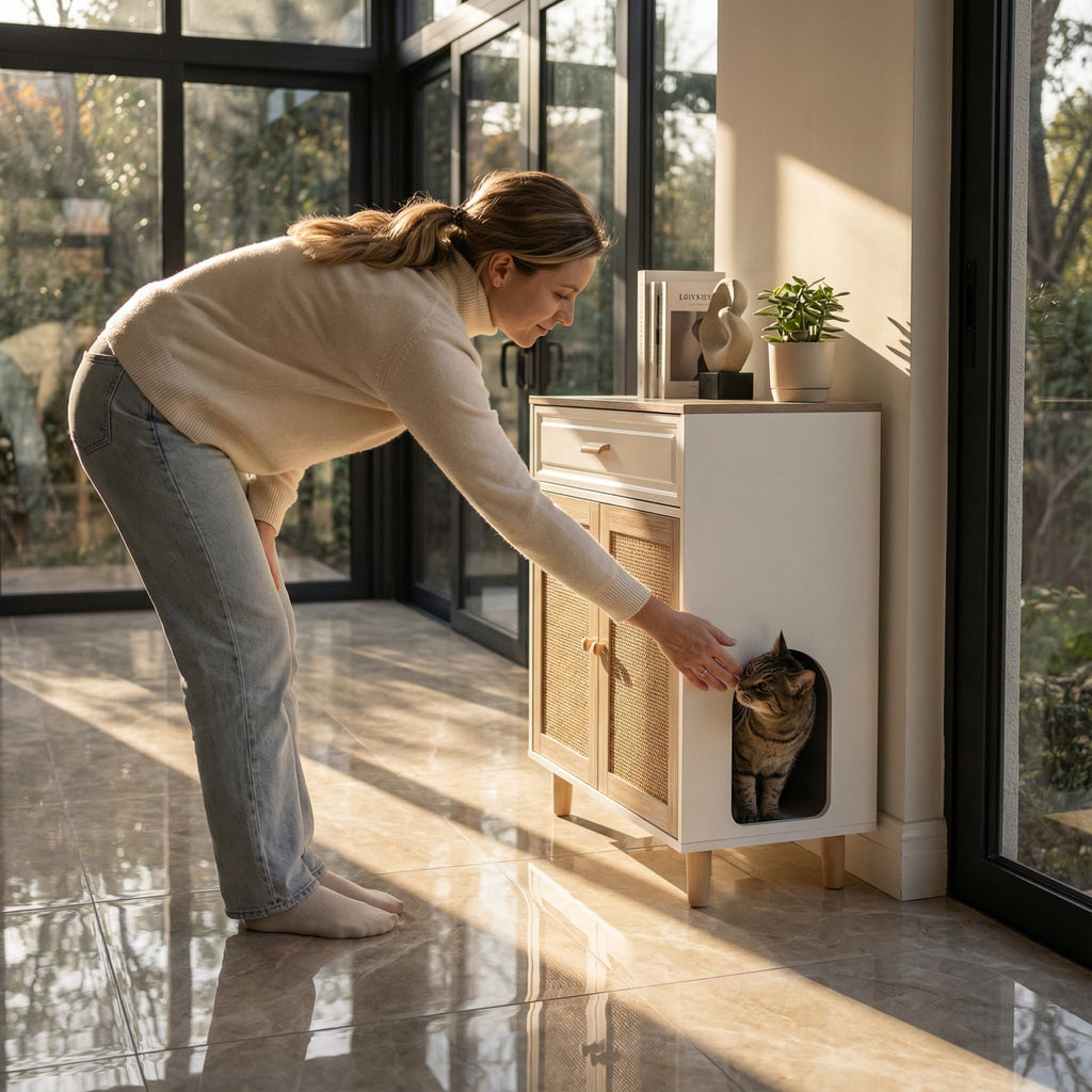 Cat Litter Box Enclosure Furniture Hidden Indoor 2-in-1 Wooden Cat & Washroom Cabinet with Scratching Board Doors and 3 Drawer for 2 Cats, 55"x20"x24"H