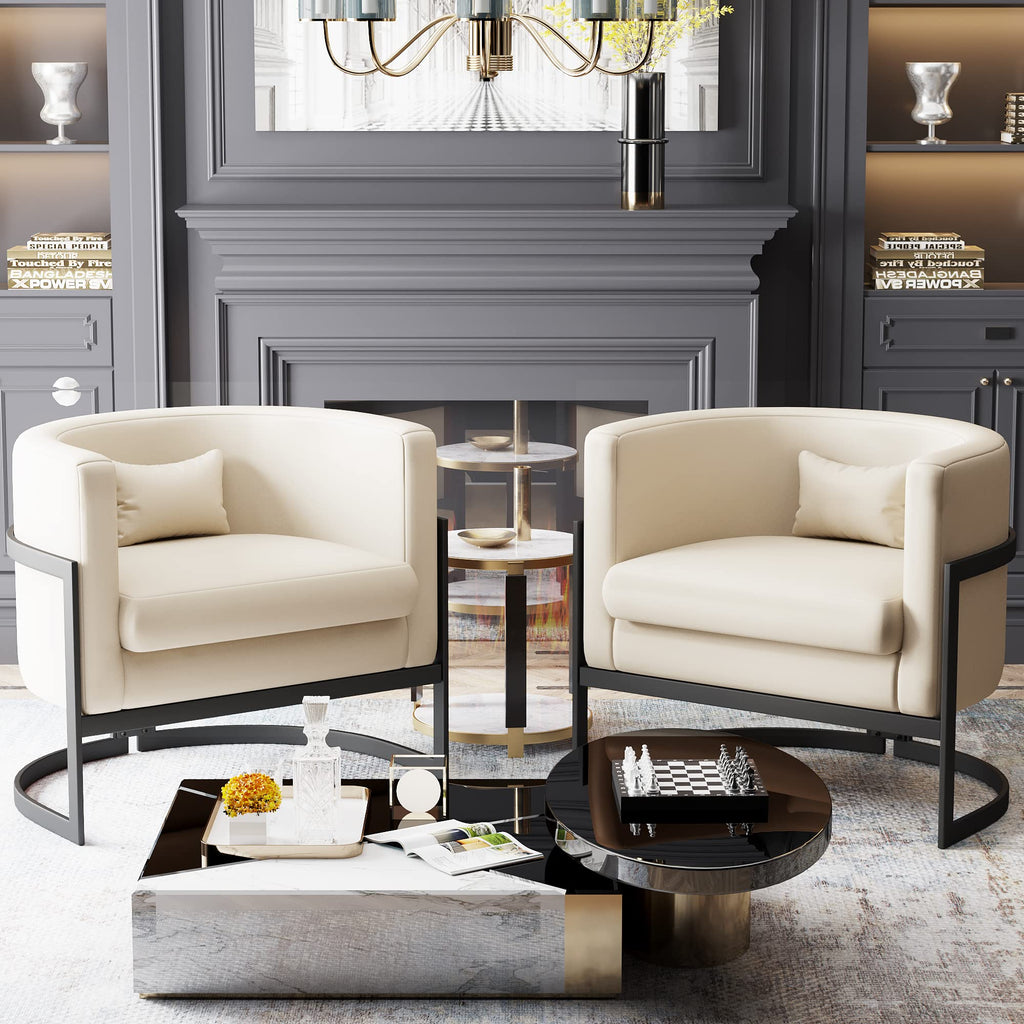 Velvet Accent Chair Ivory Modern Barrel Chair with Gold Legs