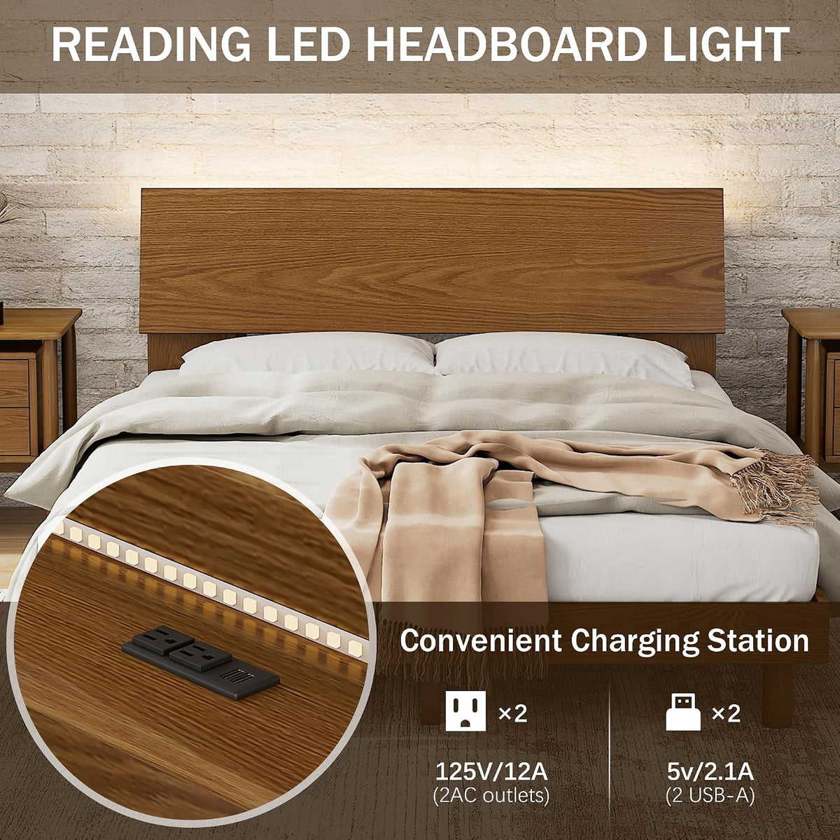 Walnut Queen Platform Bed with LED Bookshelf Headboard