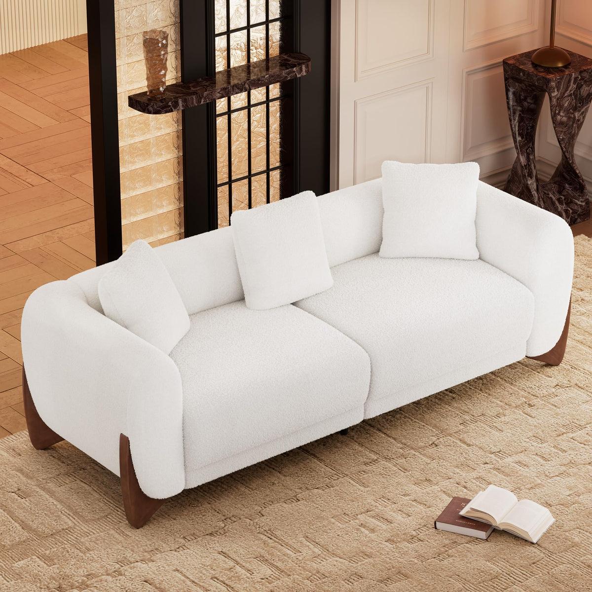 Morden Fort Modern Cloud Sofa Couch - 3 Seater Sherpa Boucle Sofas with Wood Legs