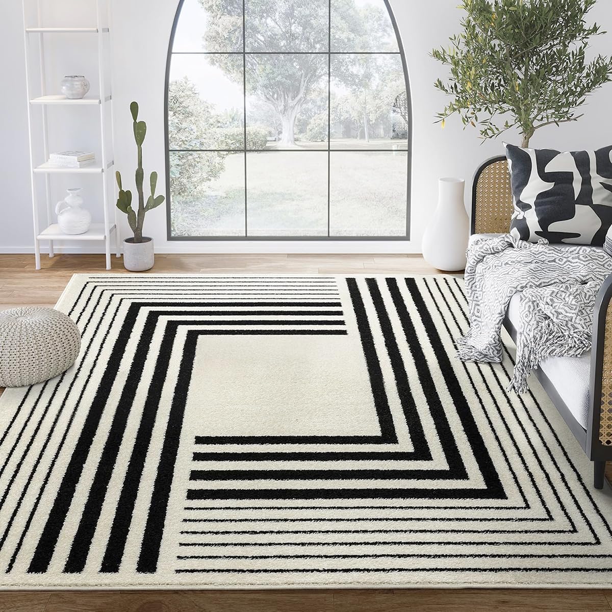 Abani Geometric Beige/Black Area Rug -6'x9' - Modern 3D Lines Design - Deco