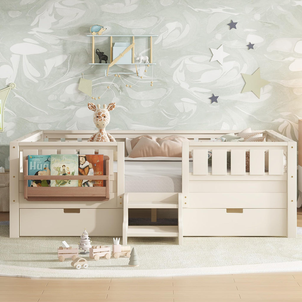 Montessori Bed with Stairs, Bookshelf & Storage Drawers