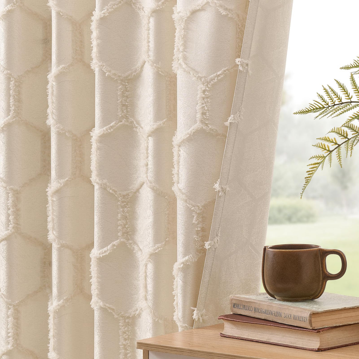 Cream Beige Geometric Jacquard Curtains, Set of Two