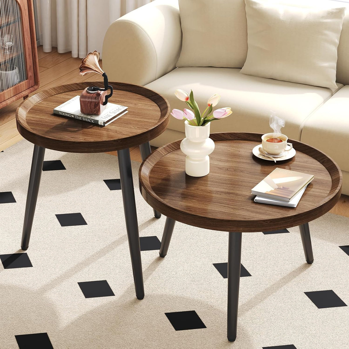 Walnut Round Nesting Coffee Table Set