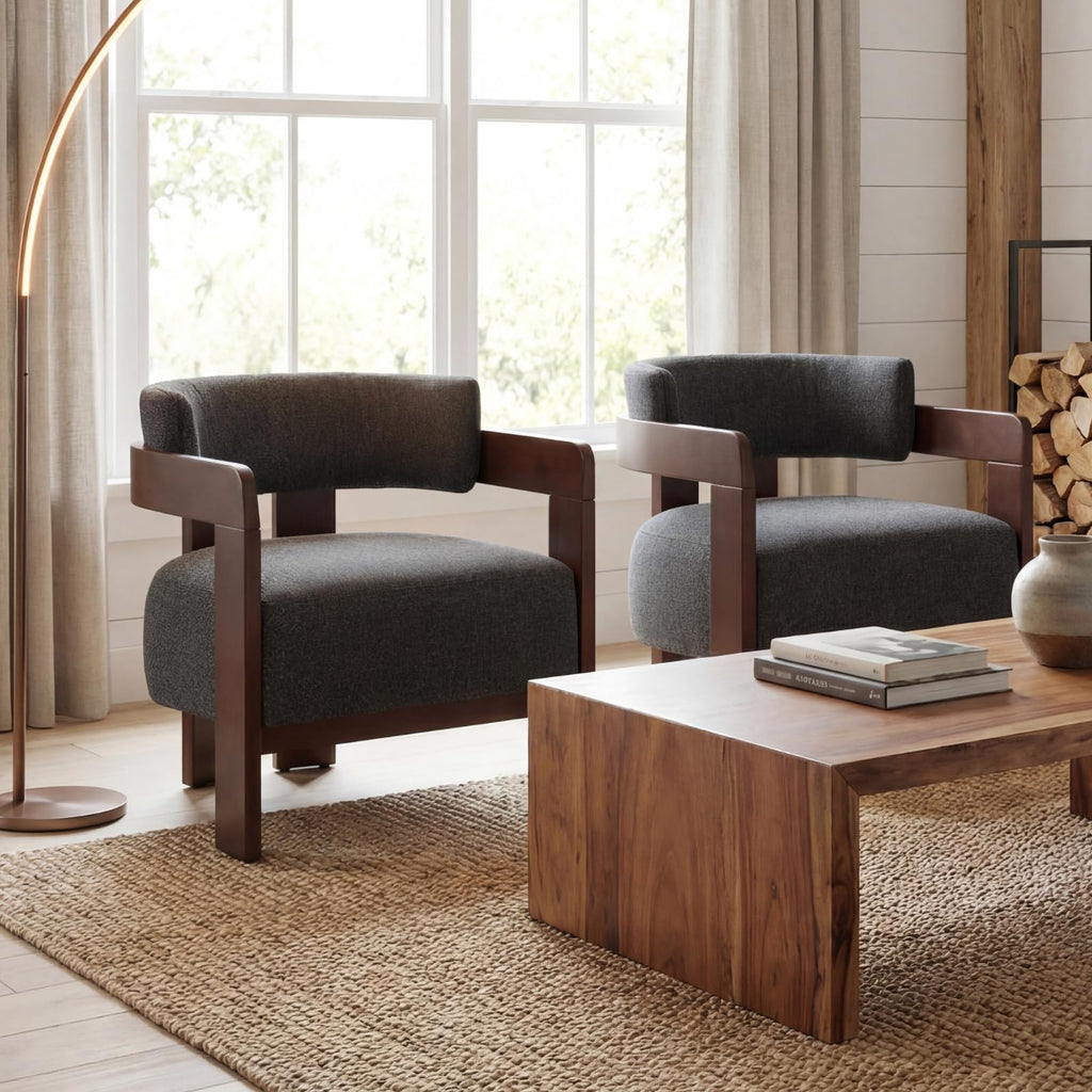 Beige Linen Accent Chairs Set of 2, Upholstered Barrel Living room Chairs