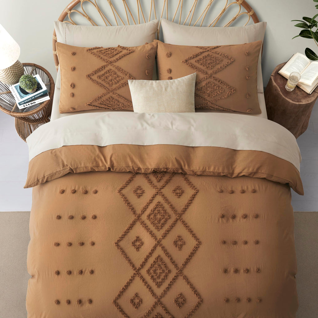 Oli Anderson Tufted Boho Queen Duvet Cover Set, Pumpkin Brown, 3 Pieces