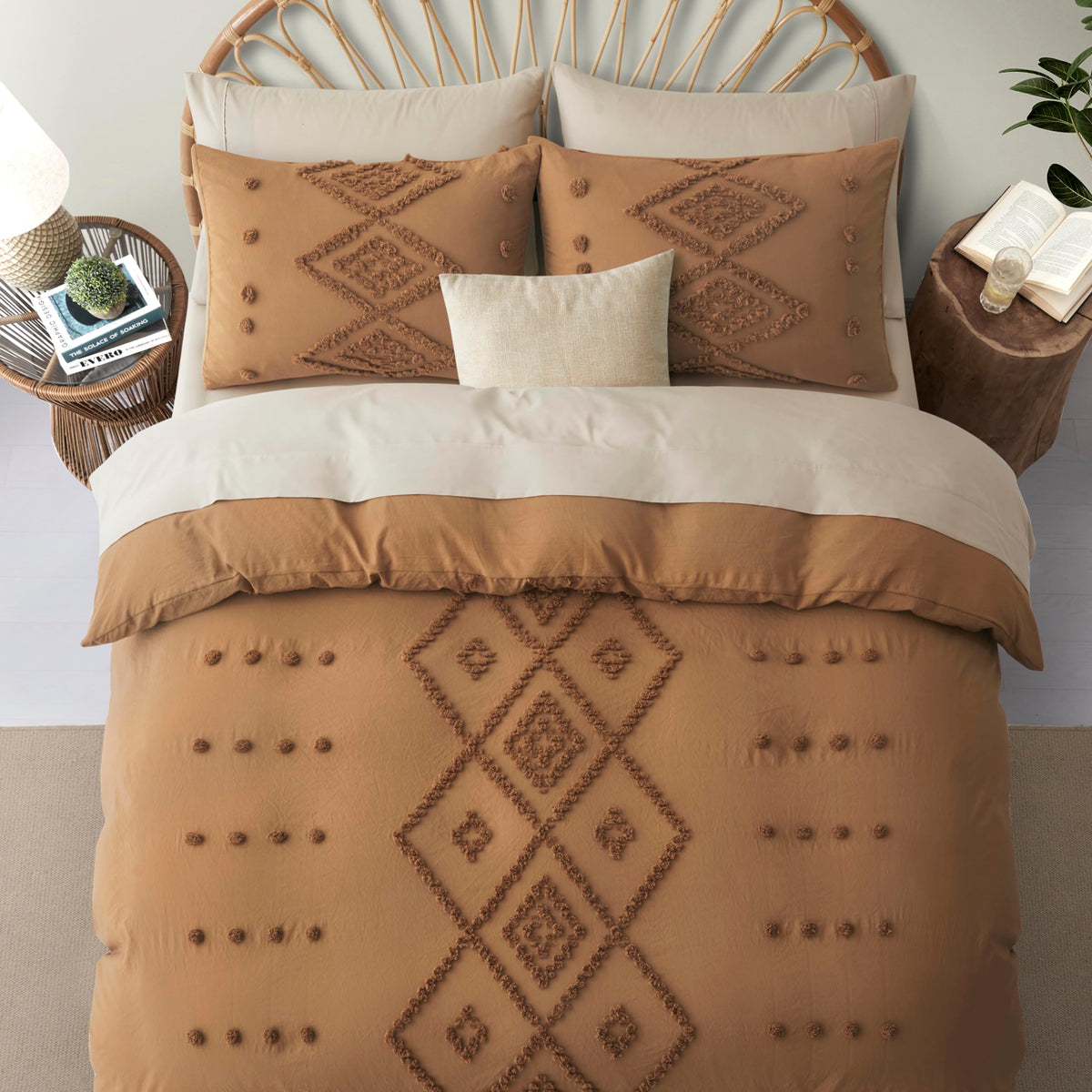 Oli Anderson Tufted Boho Queen Duvet Cover Set, Pumpkin Brown, 3 Pieces
