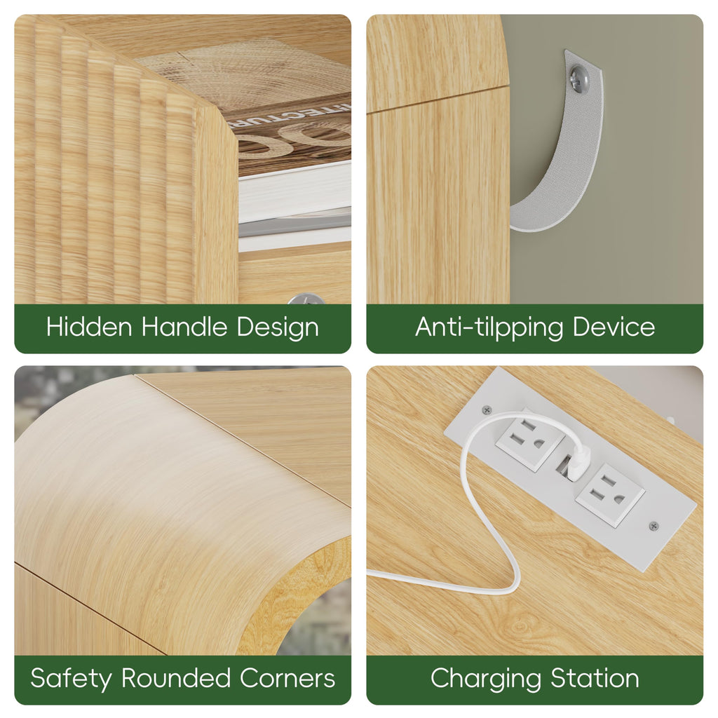 Fluted Nightstands with Charging Station, Set of 2