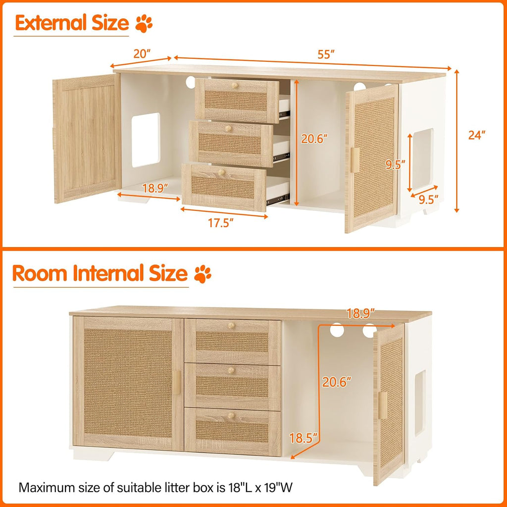 Cat Litter Box Enclosure Furniture Hidden Indoor 2-in-1 Wooden Cat & Washroom Cabinet with Scratching Board Doors and 3 Drawer for 2 Cats, 55"x20"x24"H