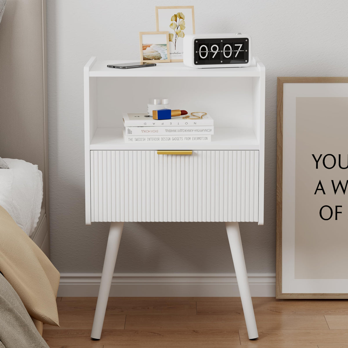 Modern Nightstand with Drawer & Open Shelf