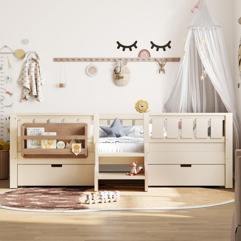 Montessori Bed with Stairs, Bookshelf & Storage Drawers