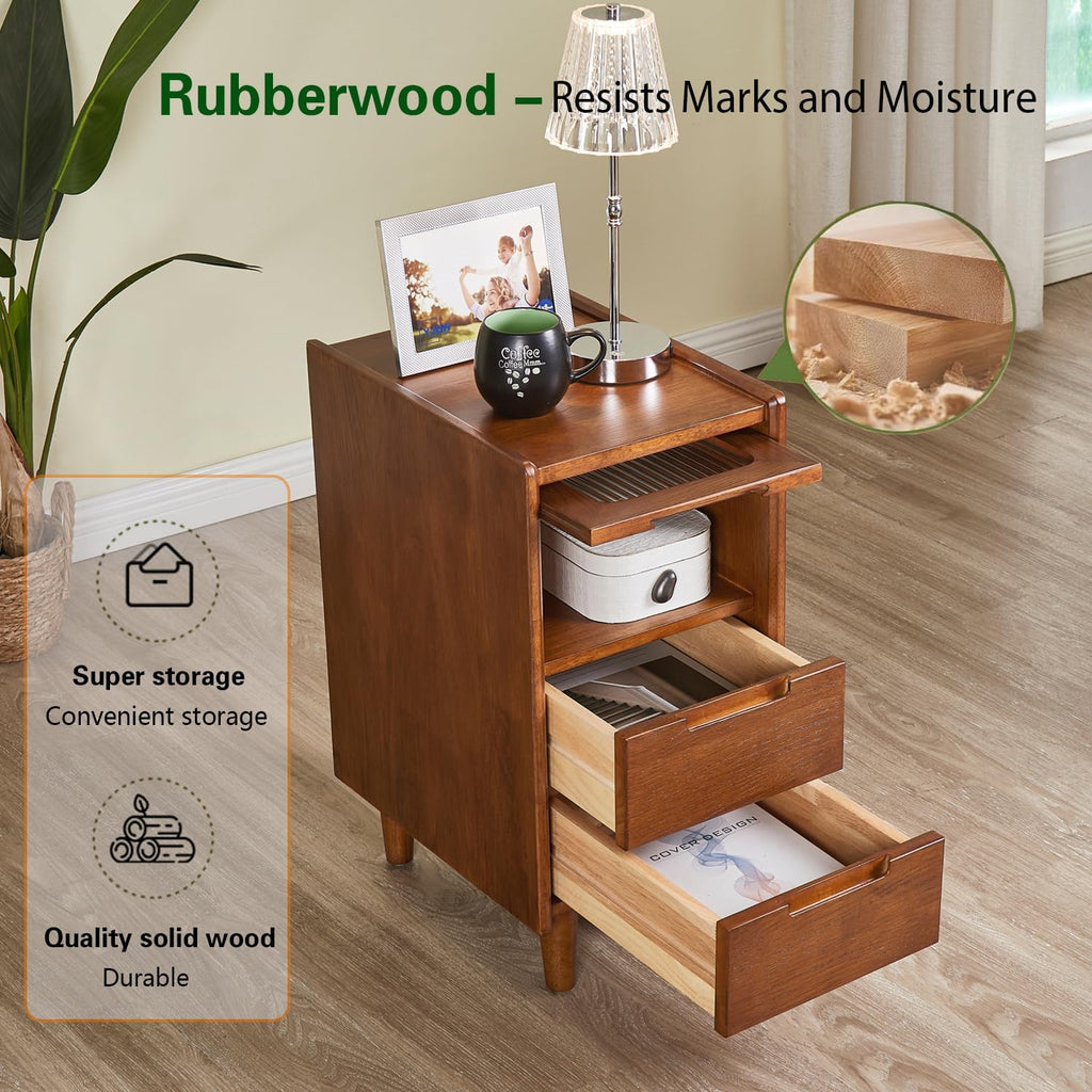 Rubberwood Nightstand with Fluted Glass Door