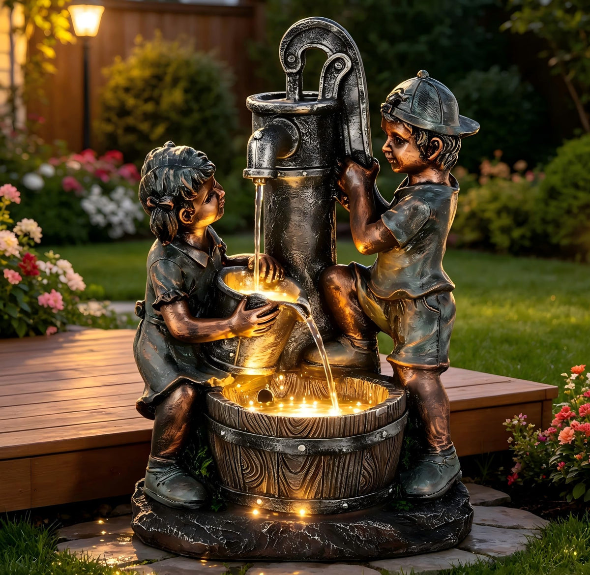 23" H Tiki Statue Outdoor Water Fountain with LED Lights