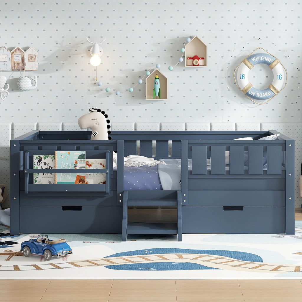 Montessori Bed with Stairs, Bookshelf & Storage Drawers
