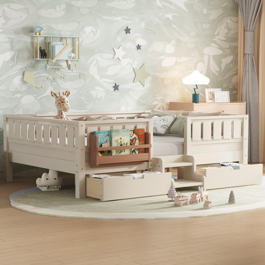 Montessori Bed with Stairs, Bookshelf & Storage Drawers