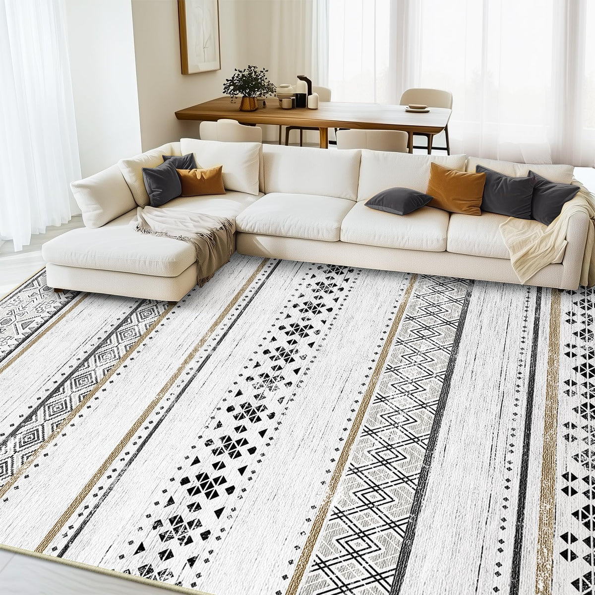 8x10 Washable Area Rugs for Living Room Boho Bedroom Rug Colorful/Black
