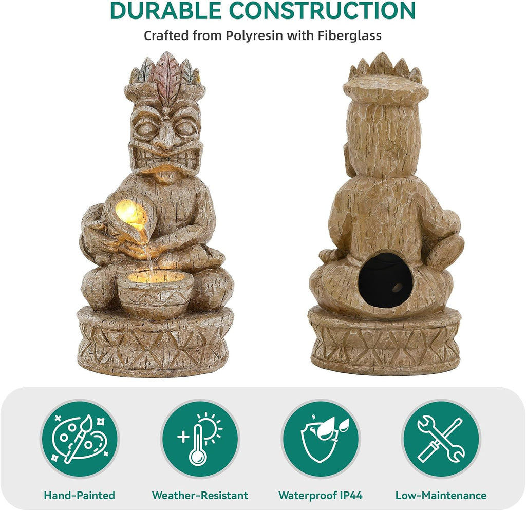 23" H Tiki Statue Outdoor Water Fountain with LED Lights