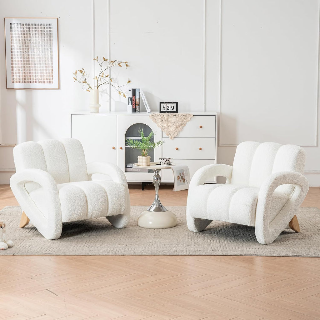 Mid Century Modern Accent Chair Set of 2 with Solid Wood Frame, Upholstered Living Room Chairs with Thick Cushion, Boucle Tufted Armchair for Bedroom, Reading Room, Ivory