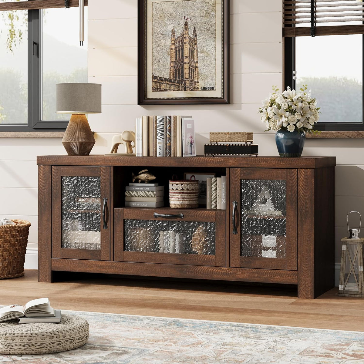 Farmhouse TV Stand with Rippled Acrylic Doors
