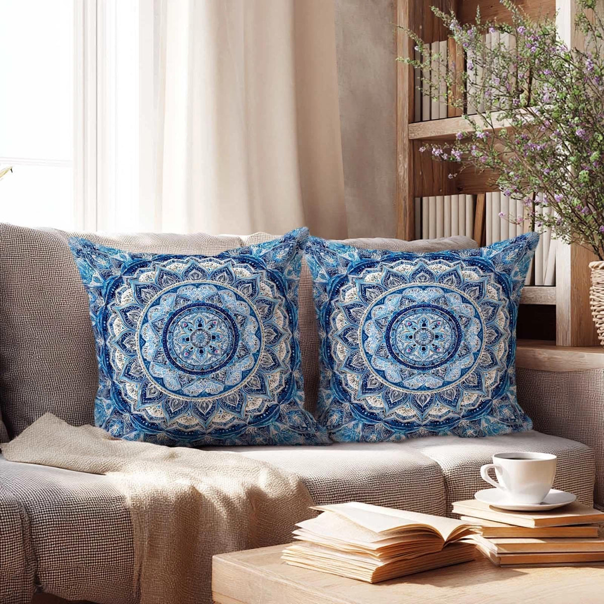 Teal Boho Mandala Throw Pillow Covers 18x18 Set of 2
