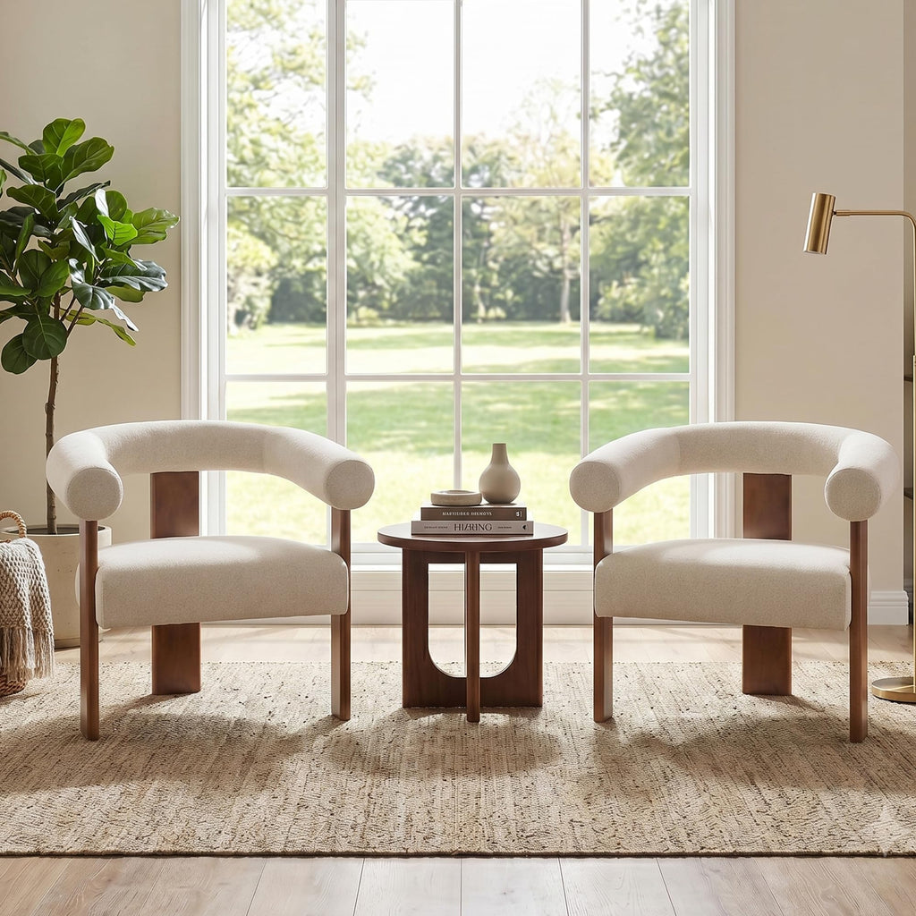 Usaint Upholstered Barrel Accent Chair with Walnut Wood Legs and Armrests