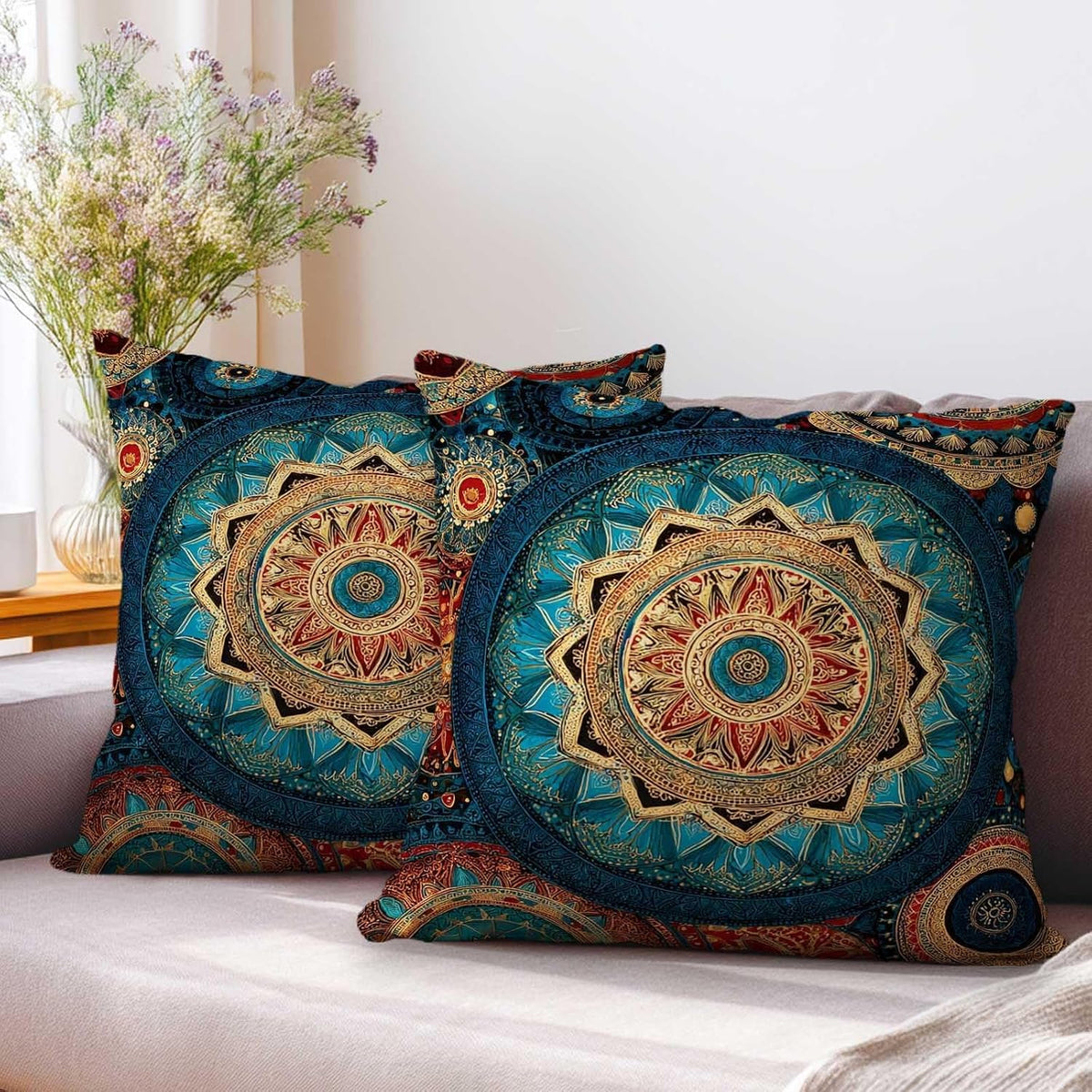Teal Boho Mandala Throw Pillow Covers 18x18 Set of 2